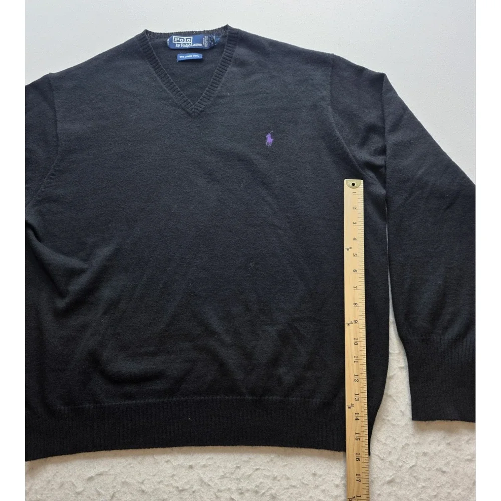 Polo Ralph Lauren Men's Black w Purple Pony Lambs Wool V-Neck Sweater. Size L